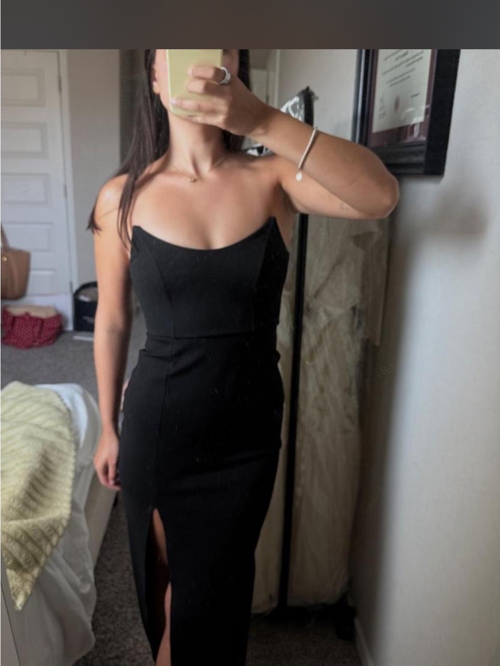 superdown Black Strapless Midi Dress with Front Slit